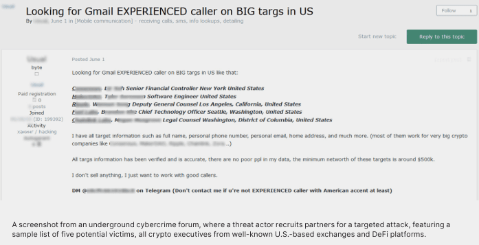 One ad looked for an “experienced caller” to target crypto executives in the U.S. Source: gk8.io
